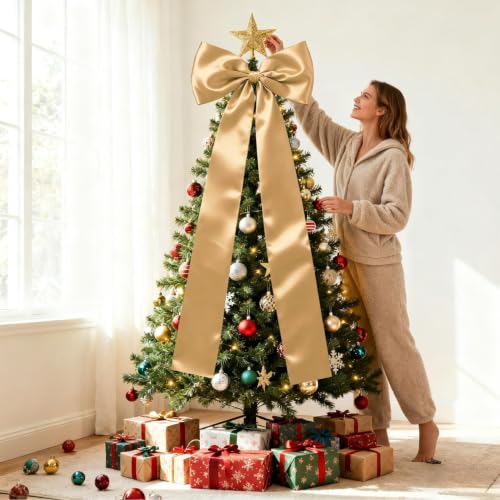 Gold Satin Christmas Tree Topper Bow 23.62x62.99in Holiday Decor Large Bow
