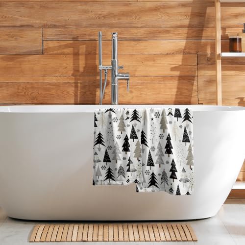 Aytipun Christmas Hand Towels Set of 2 Black Grey Xmas Tree Snowflake Print Winter Holiday Bathroom Decor