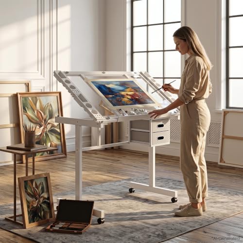 Adjustable Drafting Table with Glass Top, Rolling Art Desk with Drawers