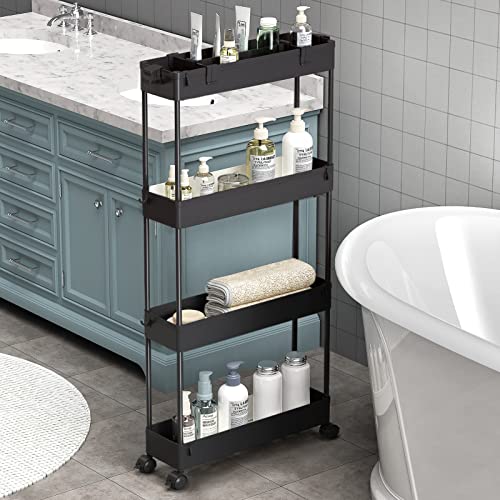 Slim Storage Cart 4-Tier Rolling Utility Organizer for Narrow Spaces, Black