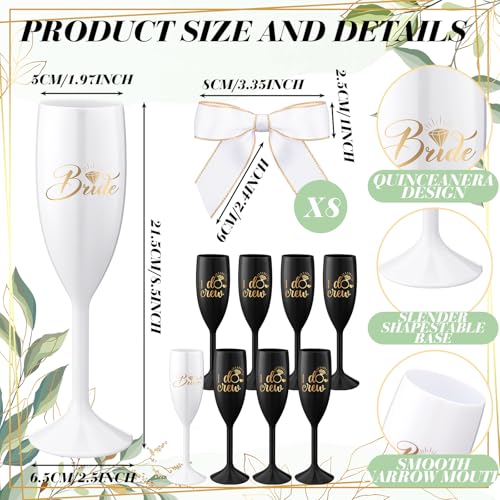 Bridesmaid Champagne Flutes Set 8 Pcs White & Black Elegant Glasses with Twist Bows