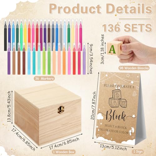 136-Piece Baby Shower Wooden Building Blocks Game Set with Markers