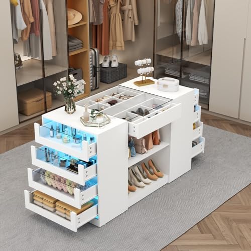 Modern Closet Island with 10 Drawers, Glass Top, and LED Lighting - White