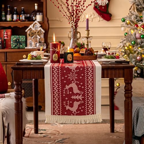 UWWGKK Red 14x63 Inch Elk Table Runner with Tassel Fringe for Christmas & Holiday Decor