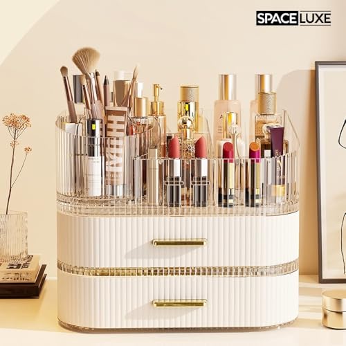SpaceLuxe Cream White 3-Layer Rotating Makeup Organizer with Drawers
