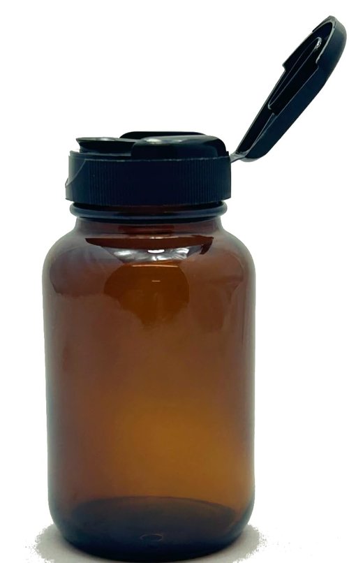 JUVITUS 4 oz Amber Glass Packer Bottle with Black Flip Top Cap (12 pack) + Labels
