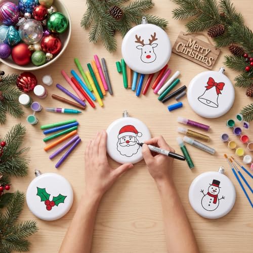 DIY Paintable Blank Christmas Ornaments Kit - 12 Flat Discs & Stencils