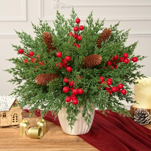 Livole 50 Pcs Christmas Greenery Stems with Red Berries & Pine Cones - Green, DIY Holiday Decor