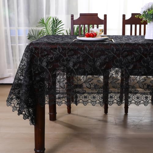 Large Black Lace Tablecloth 140 Inch Rustic Farmhouse Rose Jacquard