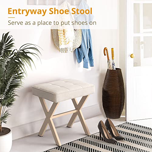 Square Vanity Stool with Metal X Legs and Padded Tufted Seat