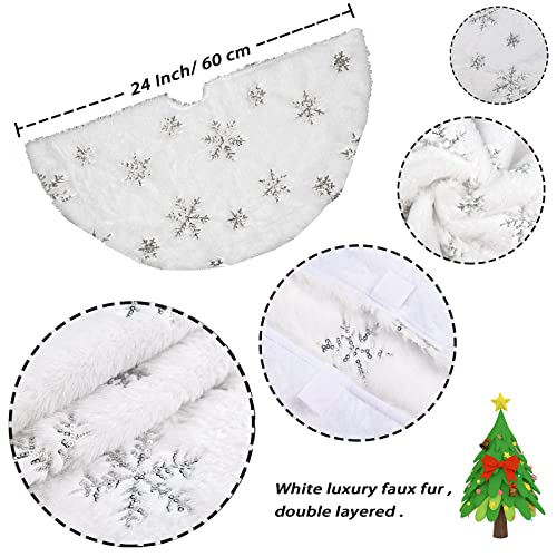 24-Inch White Faux Fur Christmas Tree Skirt with Silver Sequin Snowflakes