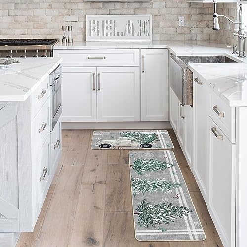 Artoid Mode Pine Holly Christmas Kitchen Rugs Set of 2, 17x29 & 17x47 inches