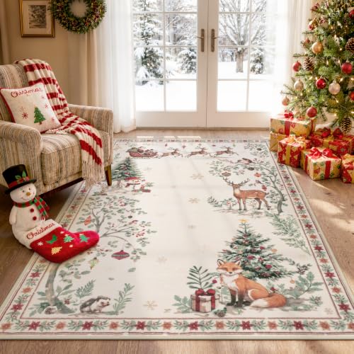 Beeiva 3' x 5' Beige Christmas Area Rug — Vintage Woodland Design, Non-Slip Backing