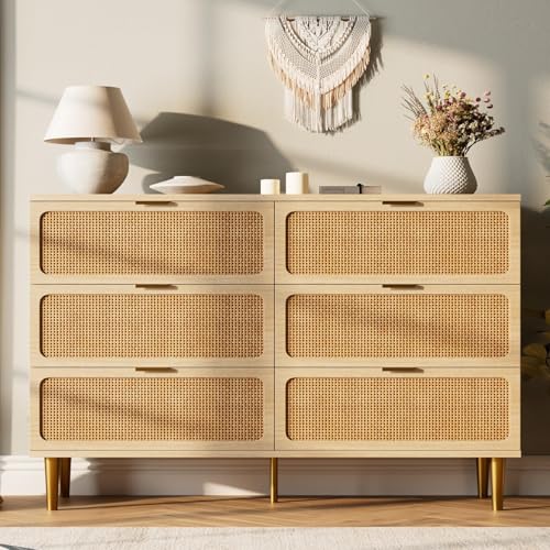 6-Drawer Wood Dresser with Natural Rattan Doors, Large Bedroom Chest
