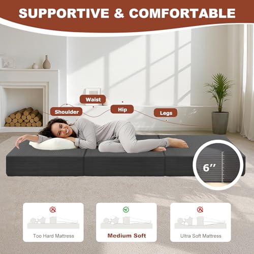 Grey AOLVDOW 6-Inch Tri-Fold Portable Foldable Mattress Queen Size for Camping & Guest Use