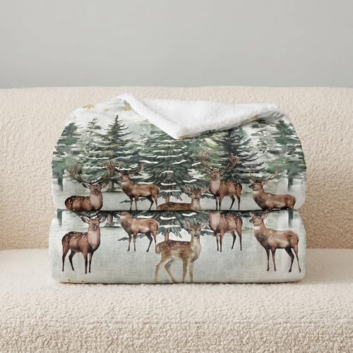 Gift-Forest Deer Blanket 50x60in Green Christmas Tree Elk Throw – All Seasons Flannel