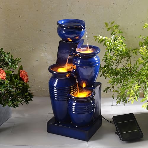Teamson Home Navy 4-Tier Cascading Water Fountain Solar-Powered Outdoor Decor