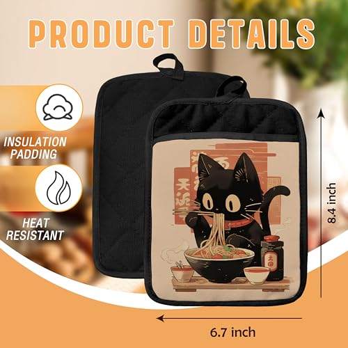 Japanese Cat Print Pot Holders with Pockets - Heat Resistant Cotton Set