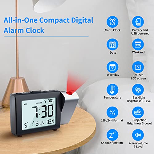 Digital Projection Alarm Clock with Ceiling Display and Weekend Mode