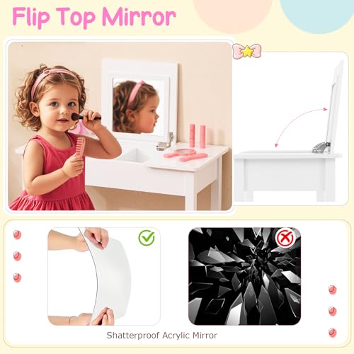 Kids 2-in-1 Vanity Set with Flip Top Mirror and Chair - Wooden Desk