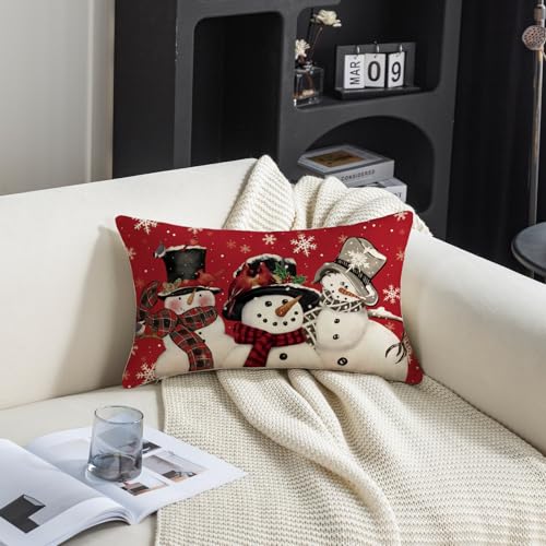 Red Christmas Pillow Covers 12x20 Set of 2 with Snowman & Trees