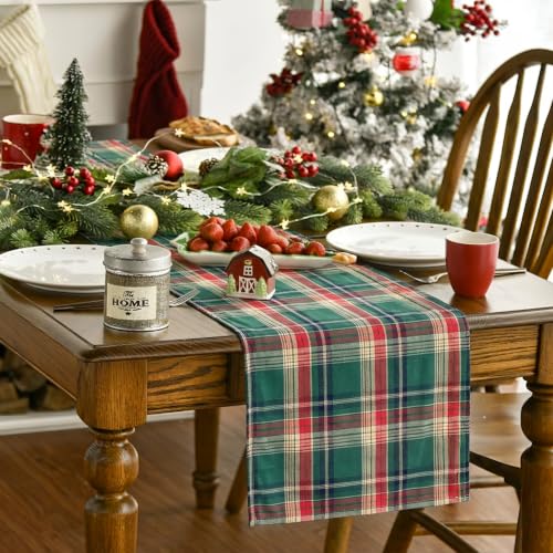 Niviy Green Red Plaid Christmas Table Runner 12 x 36 Inches Holiday Decor