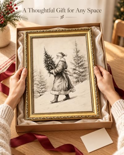 A-Tree Framed Santa Claus Canvas Wall Art 12x16 Inches - Vintage Gold Frame