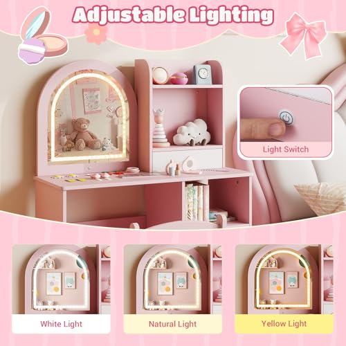 Kids Vanity Set with Lighted Mirror, Drawer, and Chair - Pink Dressing Table