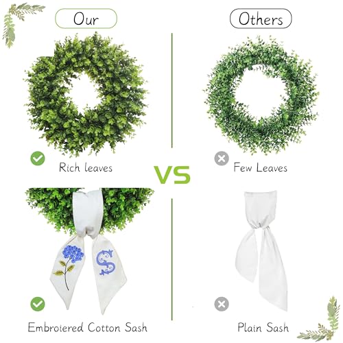 20-Inch Boxwood Wreath with Personalized Monogram Sash for Front Door