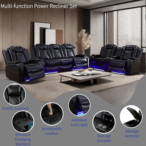 Power Recliner Sofa Set with LED Lights, Wireless Charger & Storage Console