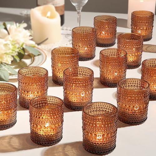 12 Pack Amber Glass Votive Candle Holders, Vintage Tealight Holders