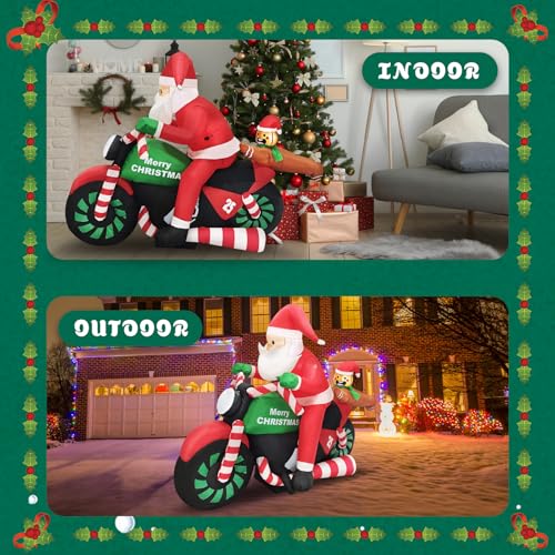 6ft Christmas Inflatable Santa on Motorcycle with Gingerbread Man Lighted Outdoor Decoration