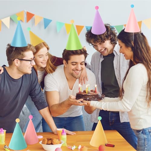 10 Pack Pastel Party Hats for Kids & Adults with Pom Poms
