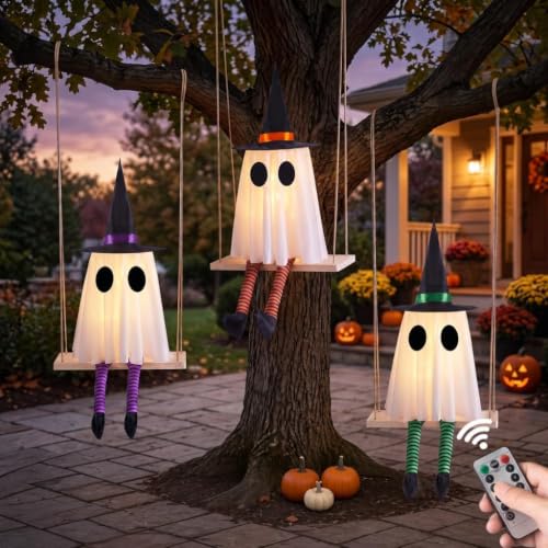 Halloween Light Up Swinging Ghost Decor - Set of 3 Hanging Ghosts with Remote