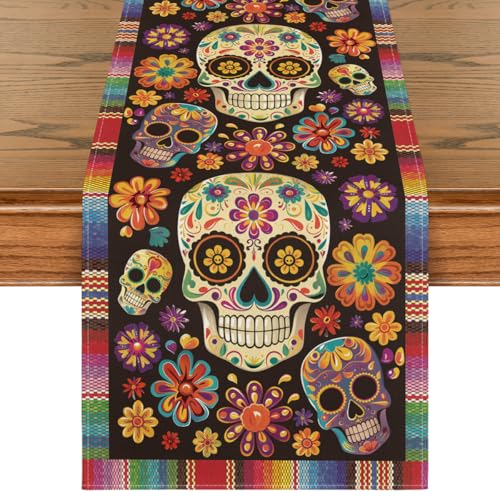 Flowers Sugar Skull Mexican Day of The Dead Table Runner 13 x 120 Inches - Red & Blue Variation