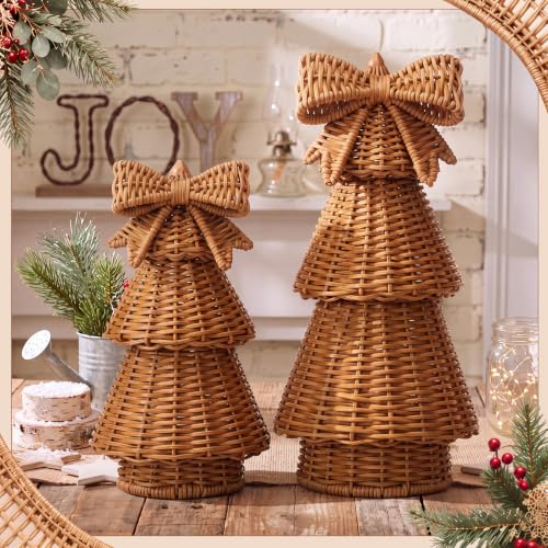 Bucherry 2 Pcs Rattan Christmas Trees Rustic Woven Decor Brown Variation