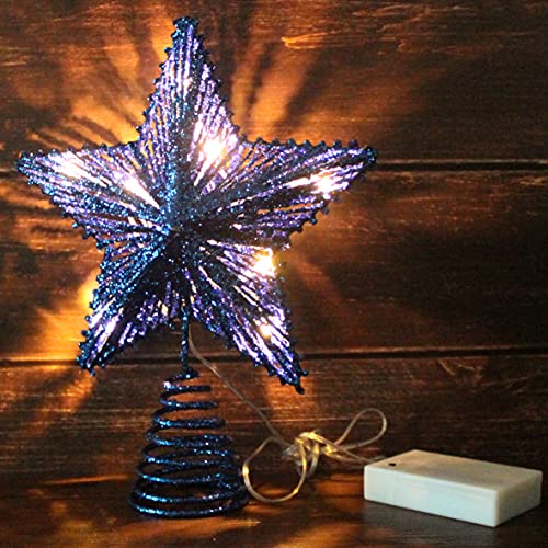 Blue Glittered 3D Tree Top Star with Warm White LED Lights & Timer - Christmas Decor - Variation of Glittered Blue 1