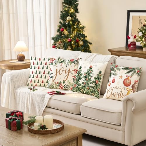 YOSICHY Christmas Pillow Covers 18x18 Inch Set of 4 Red Green Holiday Decor