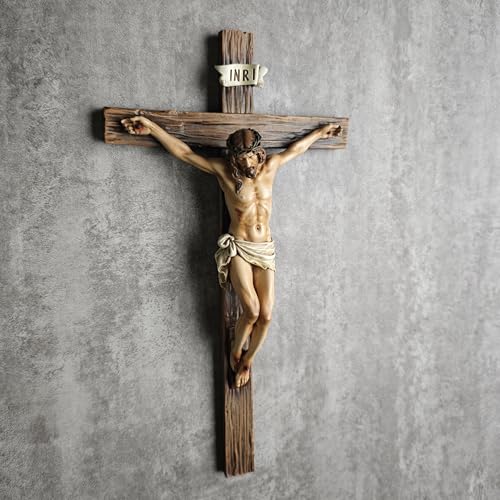 10-Inch Crucifix Wall Cross - Hand-Painted Stone Resin Religious Art