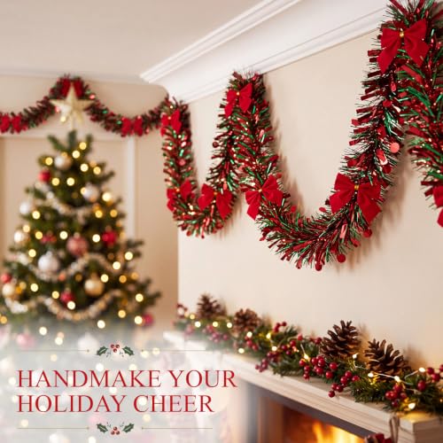 Christmas Tinsel Garland with Red Bows - 50ft Red & Green Decor - Variation of THIS listing 38