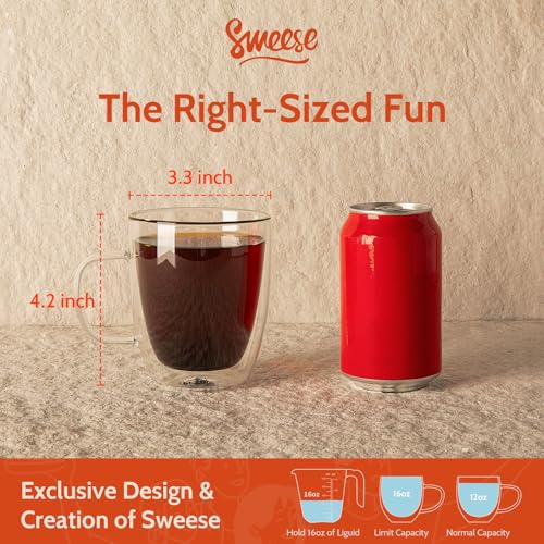 Sweese Double Wall Glass Coffee Mugs Set of 2, 12.5 oz Insulated Tea & Espresso Cups