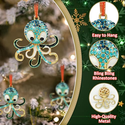 Blue Octopus Christmas Ornament - Metal Rhinestone Hanging Decor