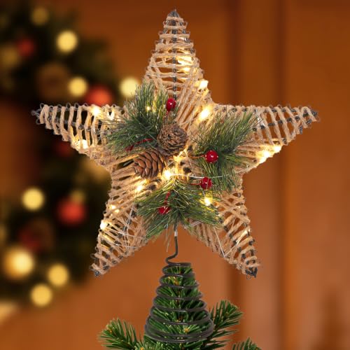 FLAVCHARM Rustic Brown Jute-Wrapped Christmas Tree Topper Star with Red Berries & Pine Cones, 20 LED Warm Lights, Battery Operated, 6H Timer