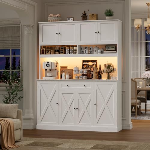 Large Kitchen Pantry Cabinet with LED Lights, Charging Station & Hutch