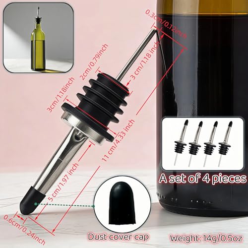 4-Pack Stainless Steel Wine & Oil Pourer Set - Drip-Free Spouts & Dust Caps
