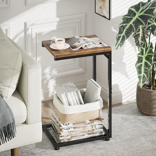 C-Shaped End Table - Small Couch Side Table & TV Tray, Rustic Brown