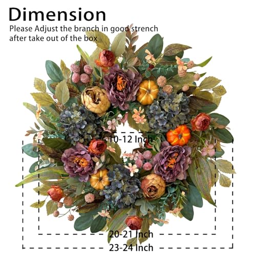 24-Inch Fall Front Door Wreath with Hydrangeas, Peonies, and Pumpkins