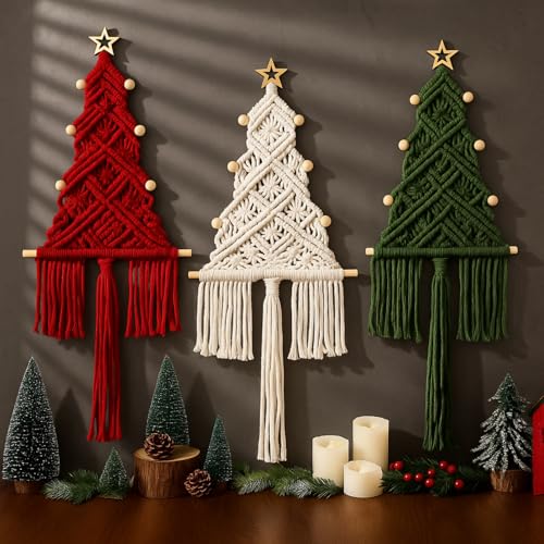3 Pcs Macrame Christmas Tree Ornaments Set - White, Red & Green Holiday Decor