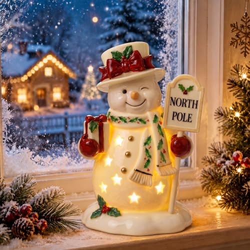 VIHOSE 7 Inch Ceramic Lighted Snowman Figurine with LED Holiday Lights