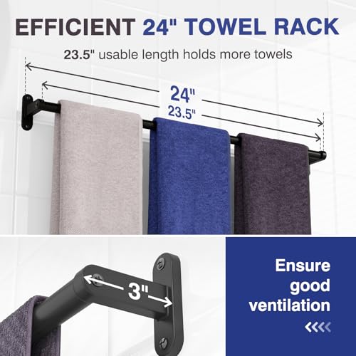 Powools 24-Inch Matte Black Towel Bar - Rustproof Wall Mounted Towel Rack